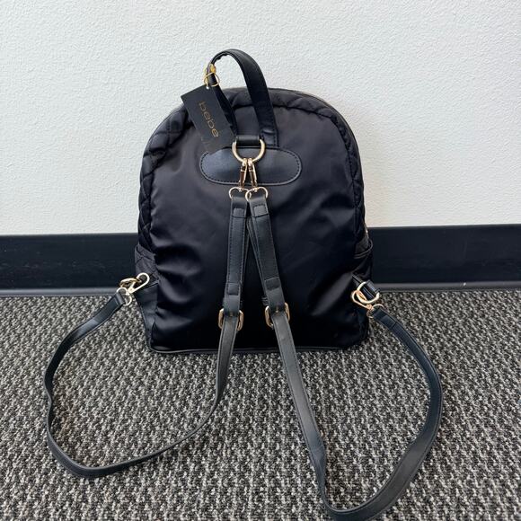 Bebe Women's Black Quilted Backpack Purse Bag Gold Hardware Buckle Straps NEW - Picture 5 of 15